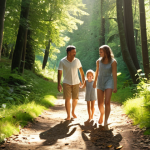 A family walking barefoot on a forest path, sunlight filtering through the trees, children laughing, surrounded by lush greenery and fallen leaves.