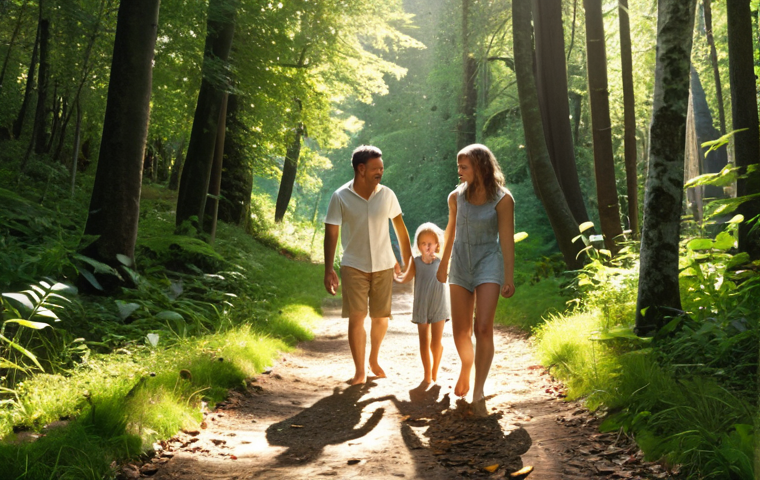 A family walking barefoot on a forest path, sunlight filtering through the trees, children laughing, surrounded by lush greenery and fallen leaves.