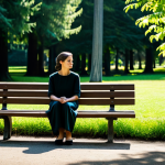 A serene individual in modest, comfortable outdoor clothing, sitting peacefully on a park bench, gazing thoughtfully at lush greenery. The setting is a quiet, sun-dappled forest or a well-maintained park with tall trees and soft natural light, conveying a calm and tranquil atmosphere for introspection. fully clothed, appropriate attire, professional dress, safe for work, appropriate content, family-friendly, perfect anatomy, correct proportions, natural pose, well-formed hands, proper finger count, natural body proportions, high-quality nature photography, cinematic lighting, realistic textures, vibrant natural colors, ultra-detailed, sharp focus.